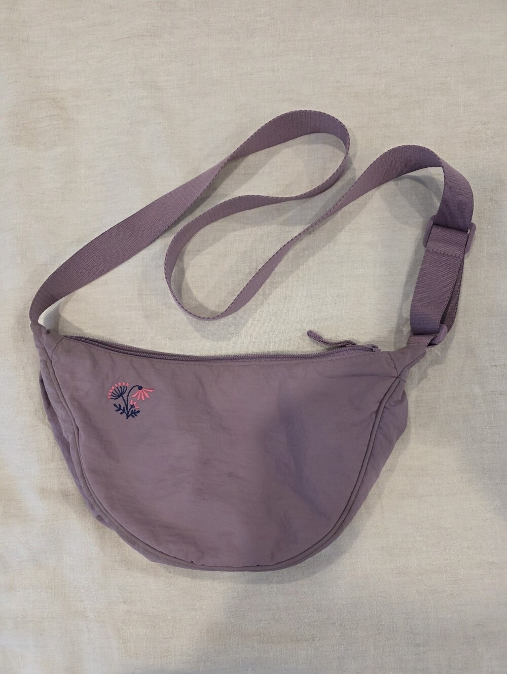 Uniqlo Purple Crescent Crossbody Bag w/ Floral Embroidery